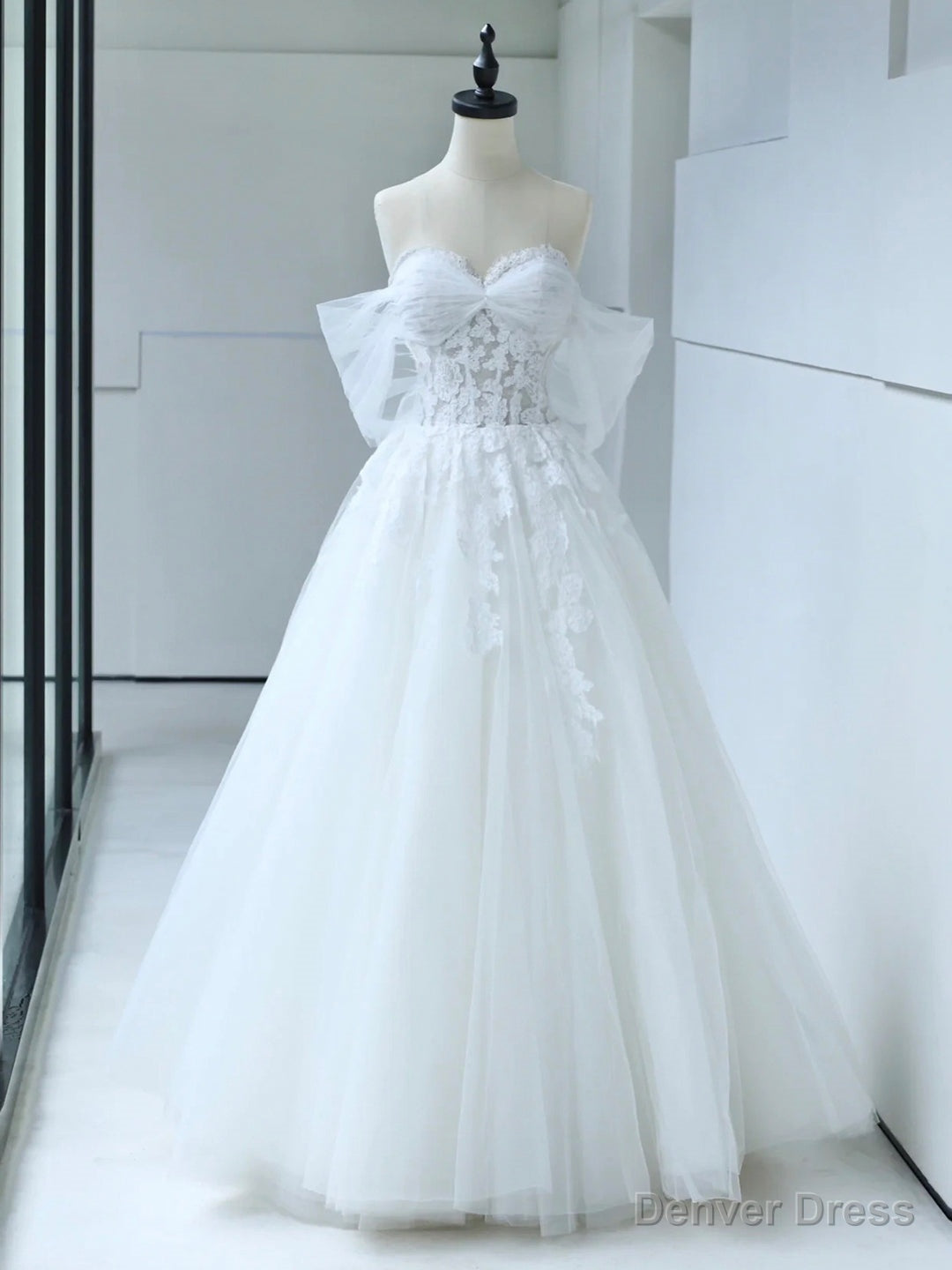 White Tulle Lace Long Prom Dress with Corset, Off the Shoulder Sweetheart Evening Dress Main image