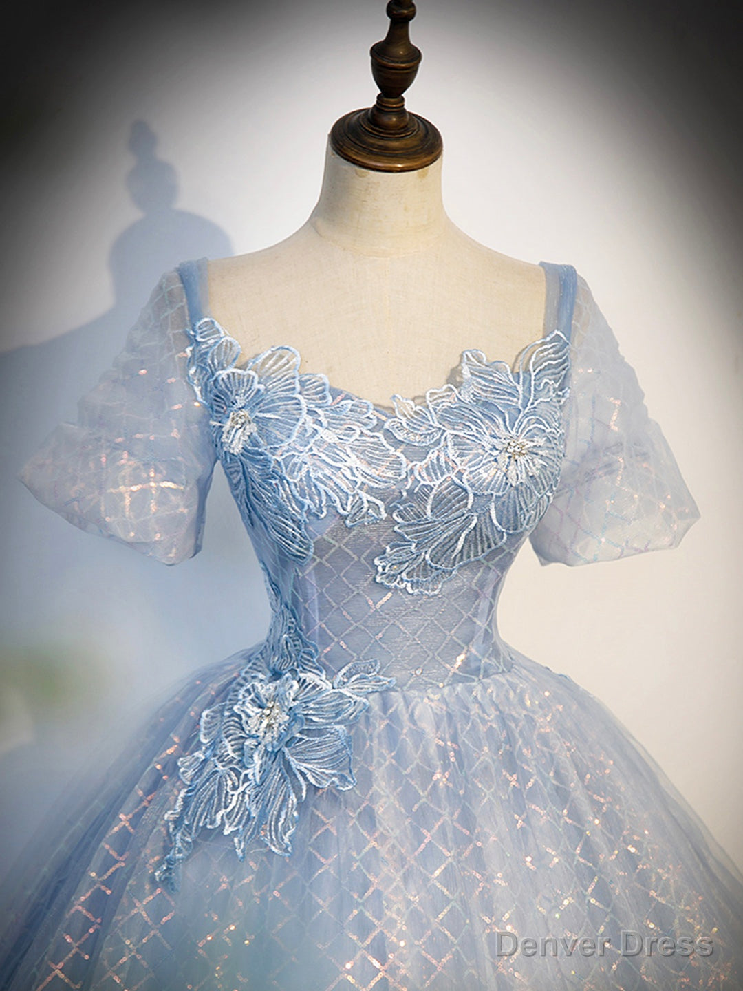 Blue Tulle Lace Long Prom Dress, Shiny A-Line Short Sleeve Evening Dress Secondary image