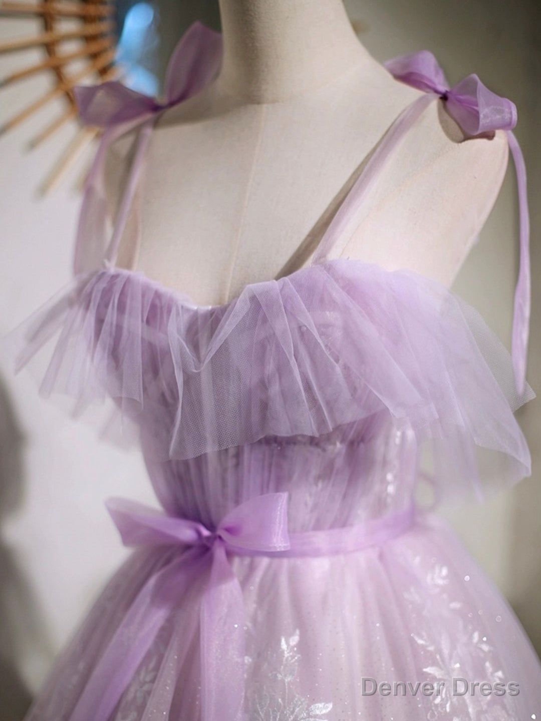 Lovely Spaghetti Strap Tulle Lace Short Prom Dress, Lavender A-Line Party Dress