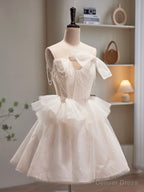 Champagne Spaghetti Strap Tulle Short Prom Dress, Cute A-Line Homecoming Dress