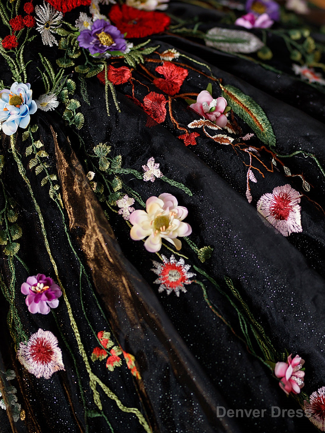 Black Tulle Long Prom Dress with Lace Flowers, Beautiful Off Shoulder Evening Gown