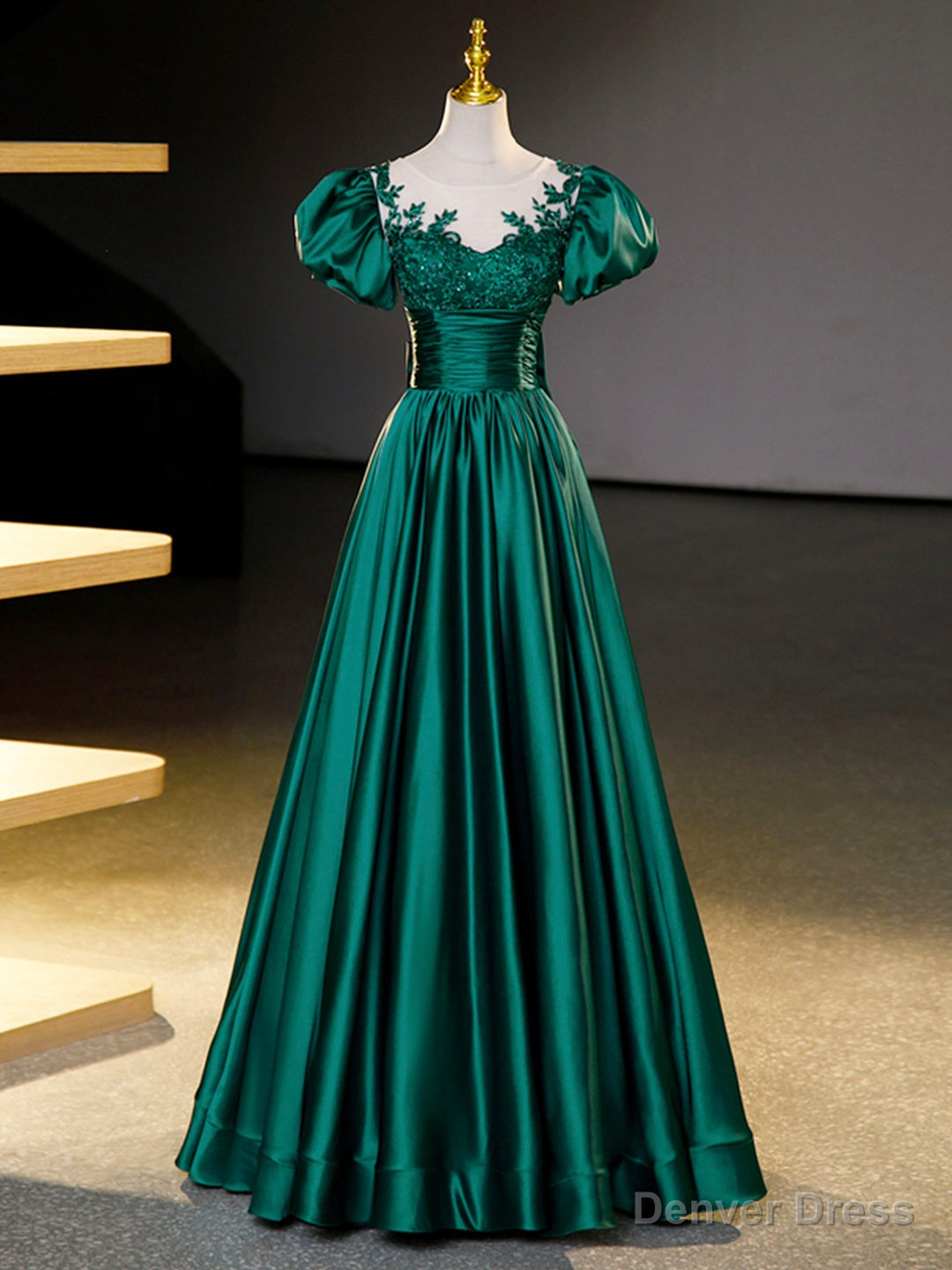 Green Satin Lace Floor Length Formal Dress, Short Sleeve A-Line Evening Dress Secondary image