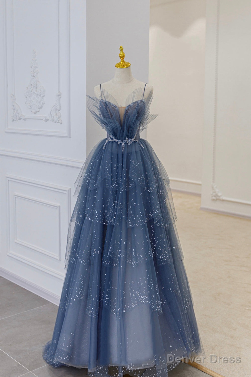 Blue Tulle Layers Straps Beaded Long Prom Dress, A Line Prom Dresses