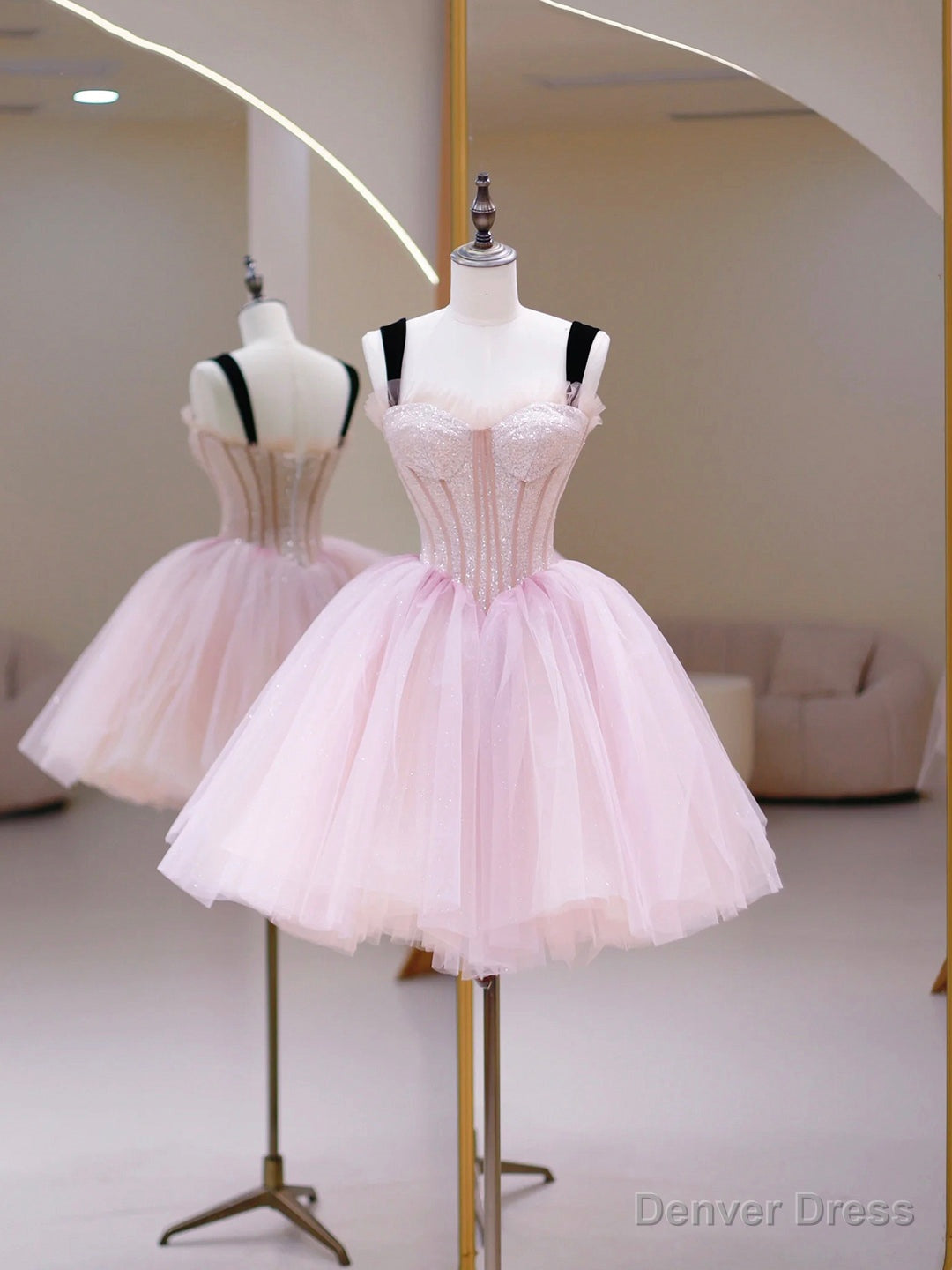 Pink Tulle Sequins Sweetheart Short Prom Dress, Pink Straps Party Dress Secondary image