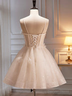 Champagne Spaghetti Strap Prom Dress, Cute A Line Prom Dress Homecoming Dresses