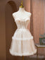 Champagne Spaghetti Strap Party Dress, Cute A-Line Evening Dress with Pearls