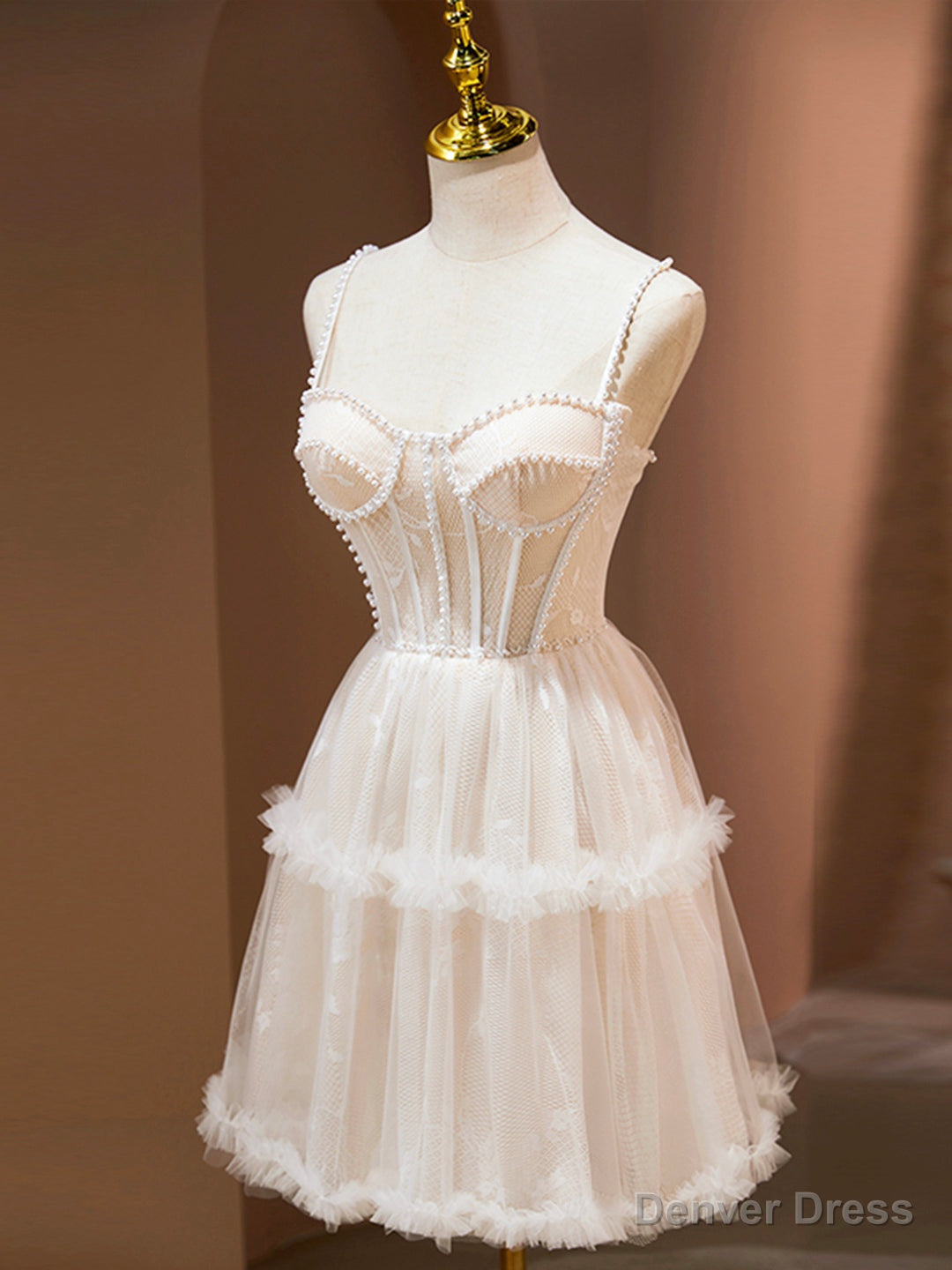 Champagne Spaghetti Strap Party Dress, Cute A-Line Evening Dress with Pearls