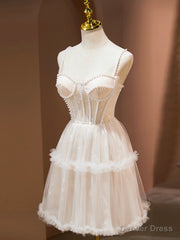 Champagne Spaghetti Strap Party Dress, Cute A-Line Evening Dress with Pearls
