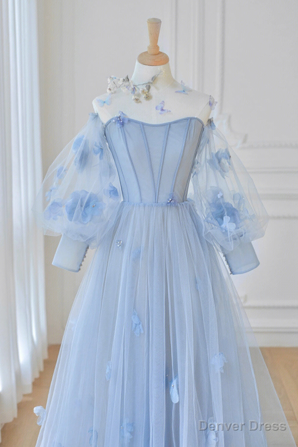 Blue Tulle Long Sleeve Prom Dresses, Cute A-Line Evening Dresses with Applique Main image