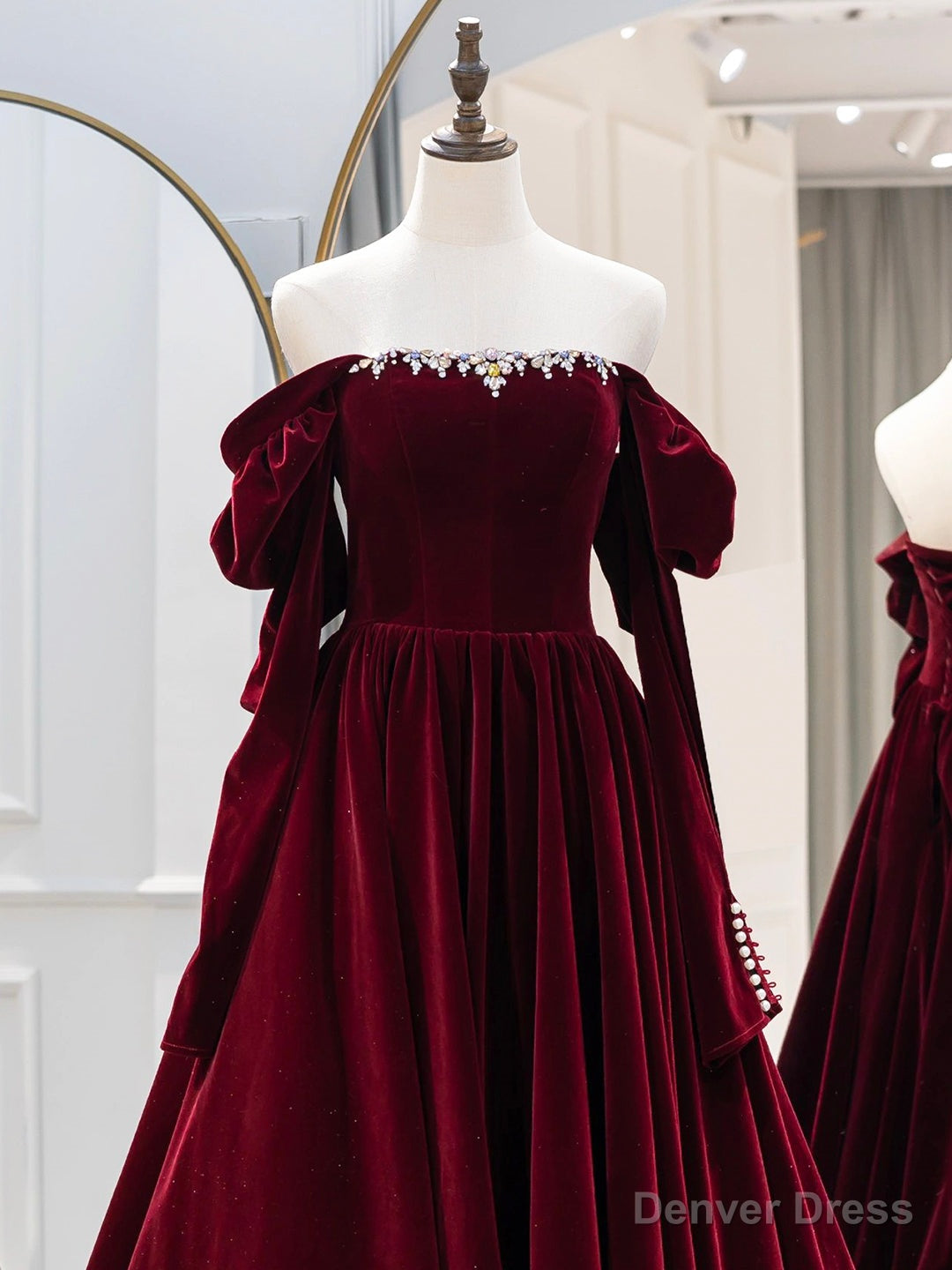 Burgundy Velvet Long Formal Dress, Elegant Long Sleeve A-Line Prom Dress Secondary image