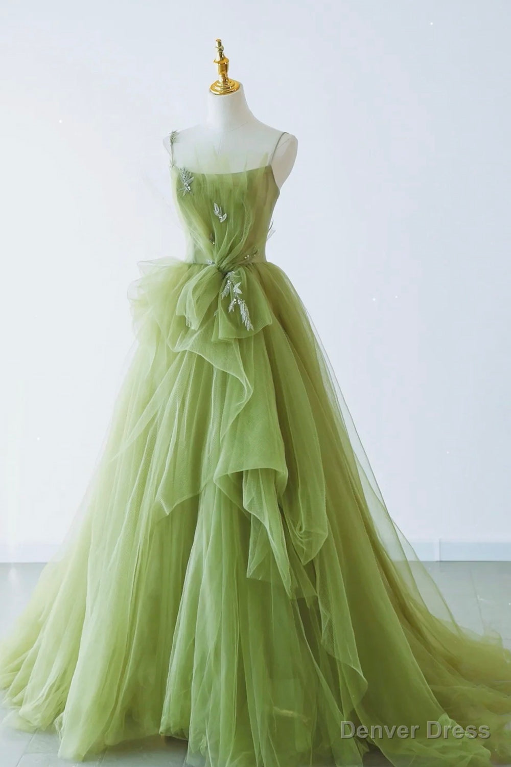 Green Spaghetti Strap Tulle Long Formal Evening Dress, Green A-Line Prom Dress Main image