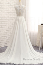 Long A-line Appliques Lace Chiffon Wedding Dresses with Slit