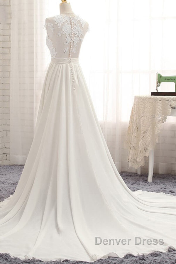 Long A Line Appliques Lace Chiffon Wedding Dresses with Slit