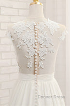 Long A Line Appliques Lace Chiffon Wedding Dresses with Slit
