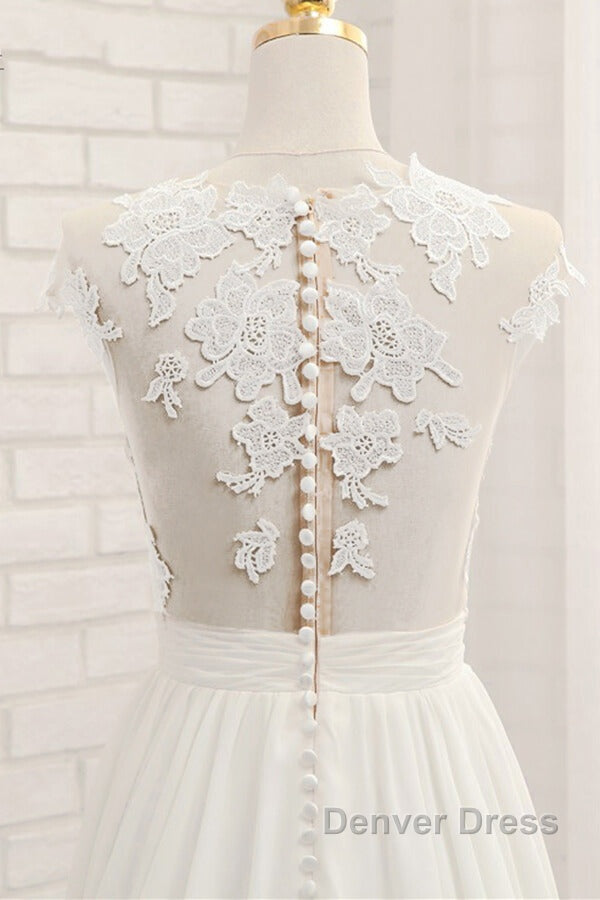 Long A Line Appliques Lace Chiffon Wedding Dresses with Slit
