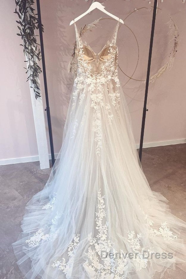 Long A Line Appliques Lace Spaghetti Straps Sweetheart Tulle Wedding Dresses Secondary image