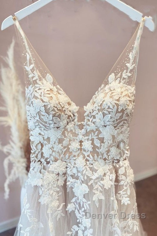 Long A Line Appliques Lace Spaghetti Straps Sweetheart Tulle Wedding Dresses