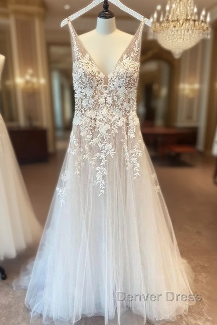 Long A Line Appliques Lace Spaghetti Straps Sweetheart Tulle Wedding Dresses Main image