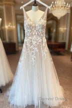 Long A Line Appliques Lace Spaghetti Straps Sweetheart Tulle Wedding Dresses