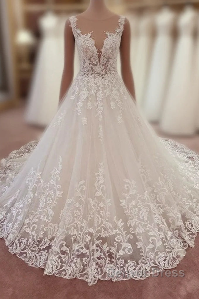 Long A Line Appliques Lace Sweetheart Tulle Wedding Dresses