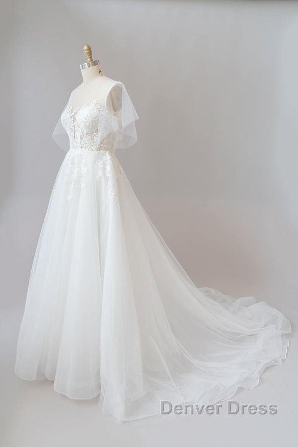 Long A Line Appliques Lace Tulle Wedding Dresses with Sleeves