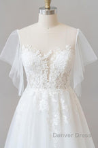 Long A-line Appliques Lace Tulle Wedding Dresses with Sleeves