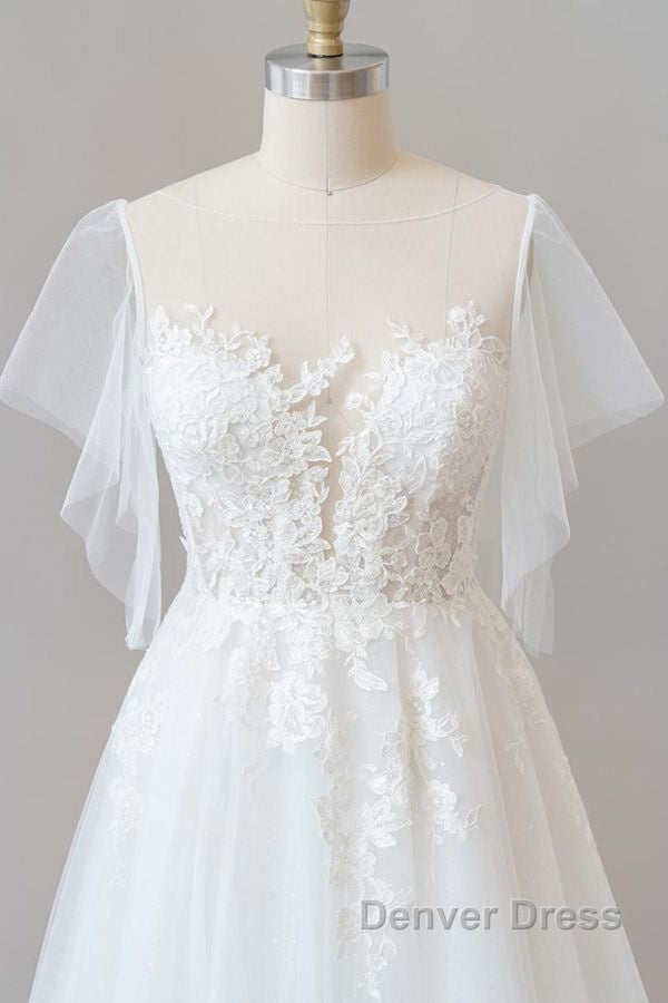Long A Line Appliques Lace Tulle Wedding Dresses with Sleeves