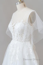 Long A-line Appliques Lace Tulle Wedding Dresses with Sleeves