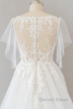 Long A Line Appliques Lace Tulle Wedding Dresses with Sleeves