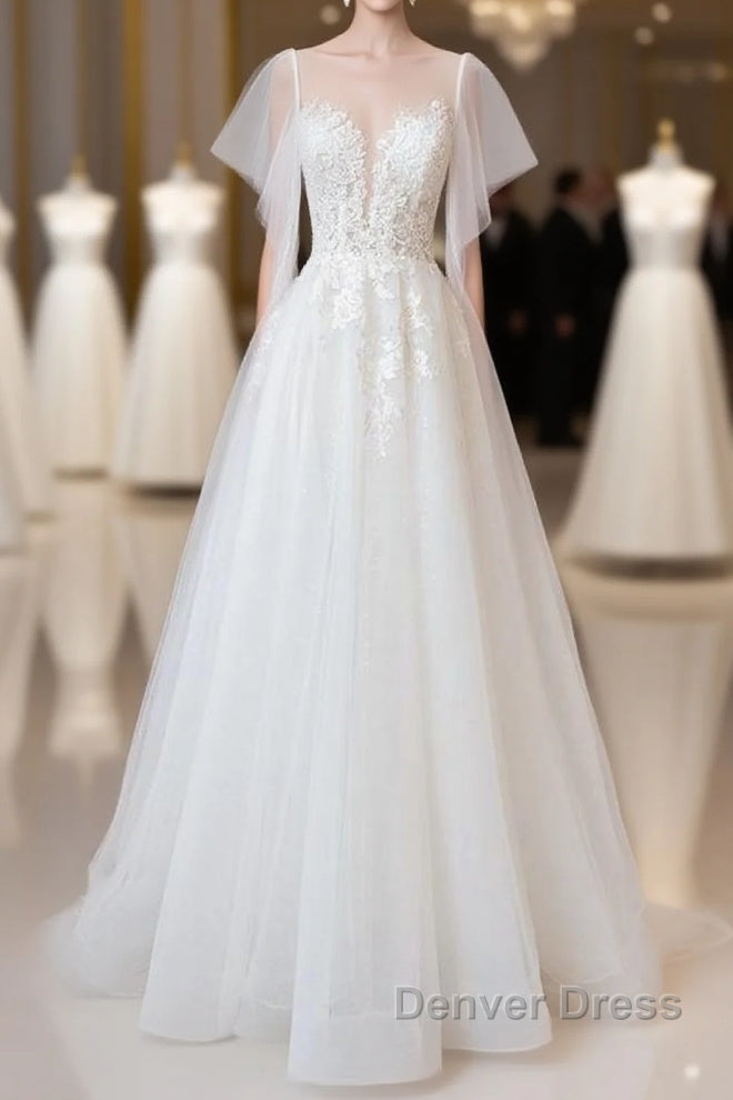 Long A Line Appliques Lace Tulle Wedding Dresses with Sleeves Main image