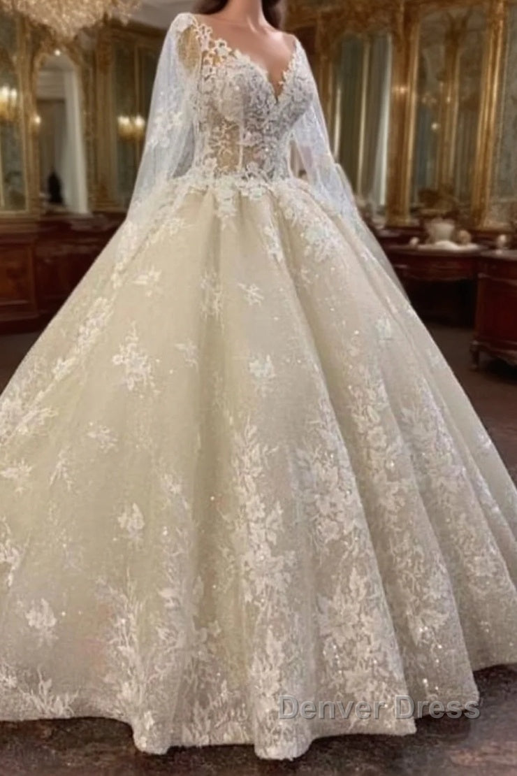 Long A-line Bateau Appliques Lace Sequins Tulle Wedding Dresses