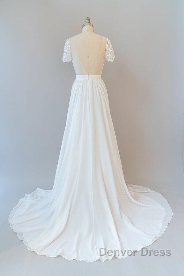 Long A Line Chiffon Backless Wedding Dresses with Sleeves