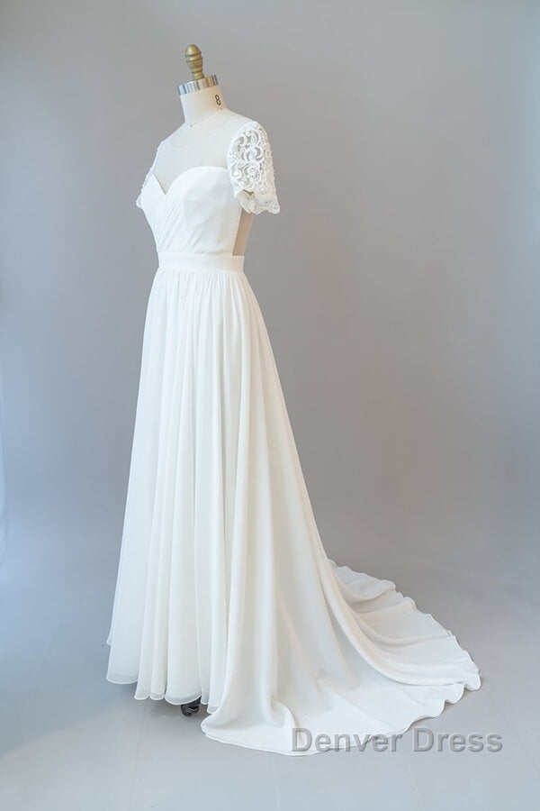 Long A Line Chiffon Backless Wedding Dresses with Sleeves