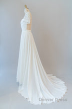 Long A Line Chiffon Backless Wedding Dresses with Sleeves