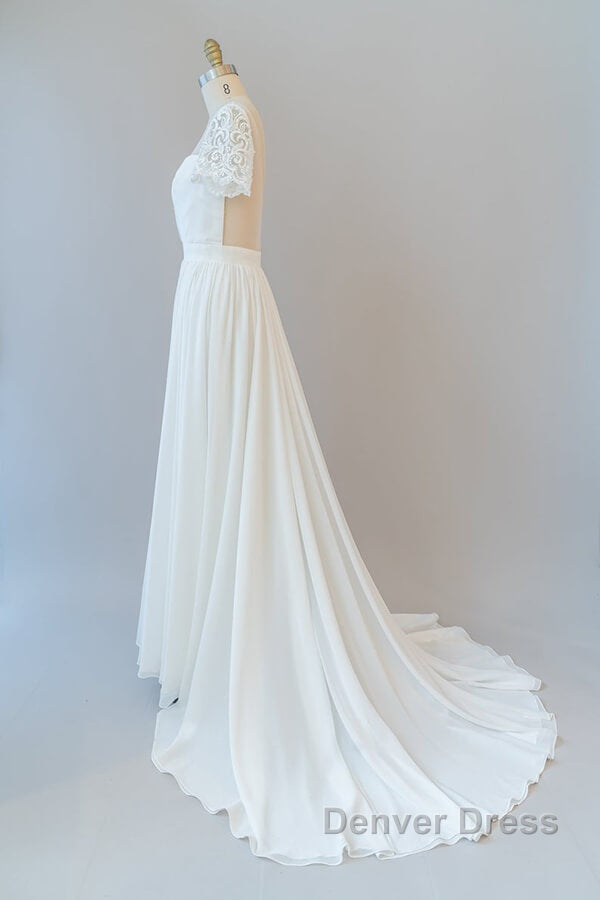 Long A Line Chiffon Backless Wedding Dresses with Sleeves