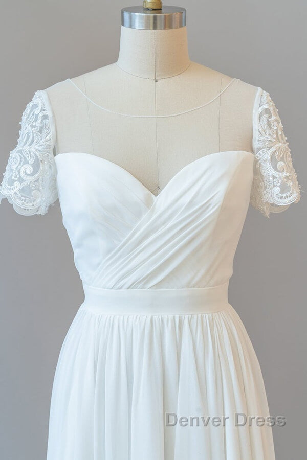 Long A Line Chiffon Backless Wedding Dresses with Sleeves