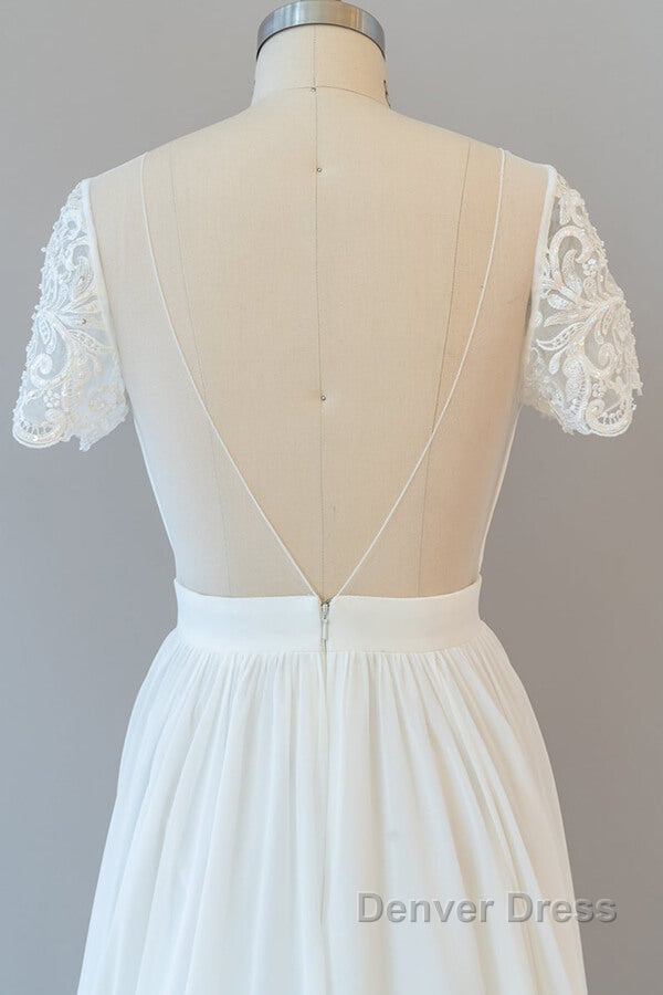Long A Line Chiffon Backless Wedding Dresses with Sleeves