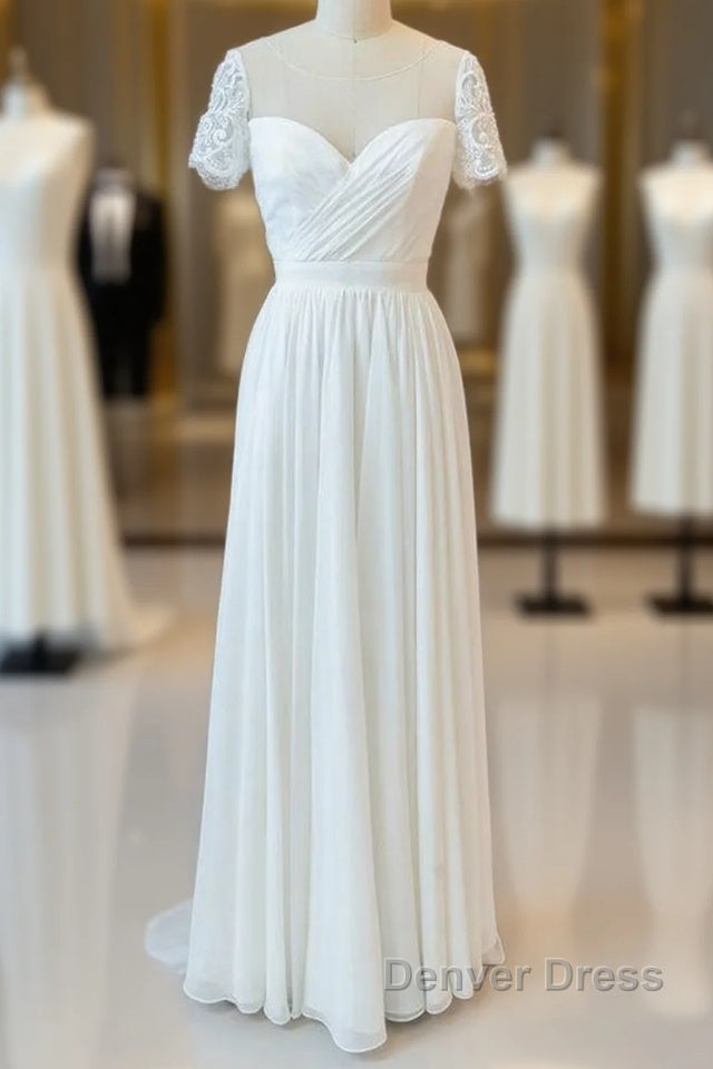 Long A-line Chiffon Backless Wedding Dresses with Sleeves