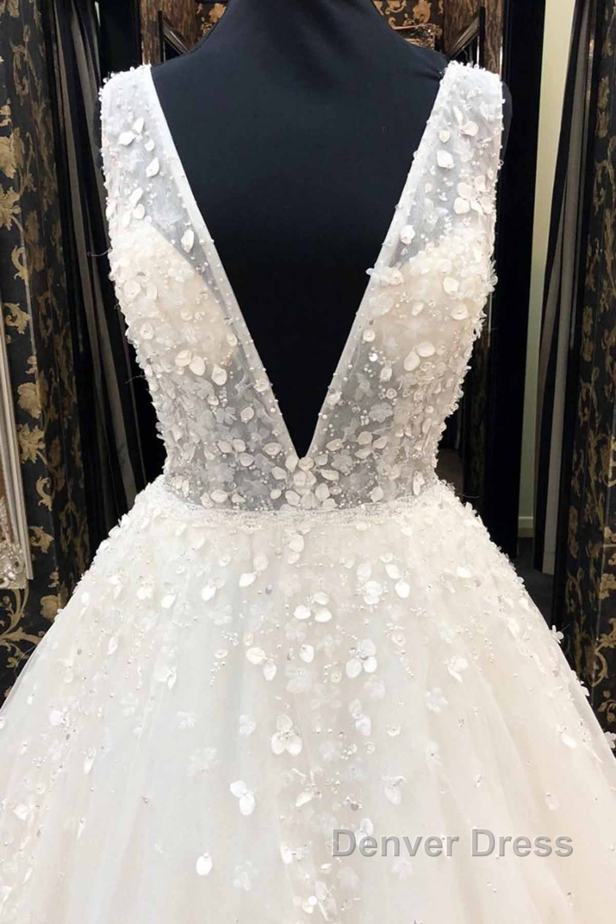 Long A Line Deep V Neck Tulle Wedding Dresses Secondary image