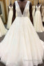 Long A-Line Deep V Neck Tulle Wedding Dresses