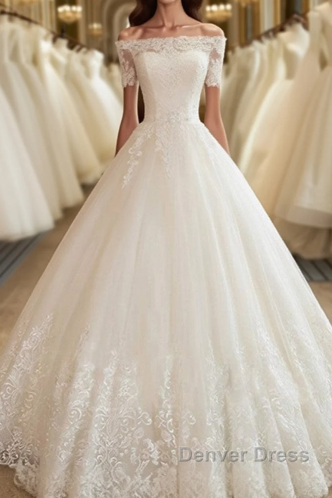 Long A Line Off Shoulder Court Train Lace Tulle Wedding Dresses with Sleeves Main image