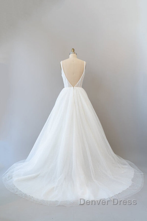 Long A Line Open Back Sequins Tulle Backless Wedding Dresses