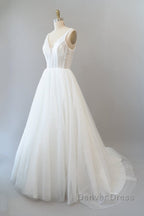 Long A Line Open Back Sequins Tulle Backless Wedding Dresses