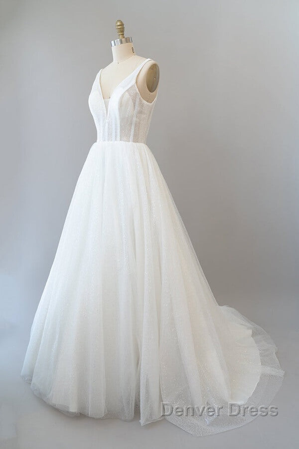 Long A Line Open Back Sequins Tulle Backless Wedding Dresses