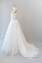 Long A-line Open Back Sequins Tulle Backless Wedding Dresses