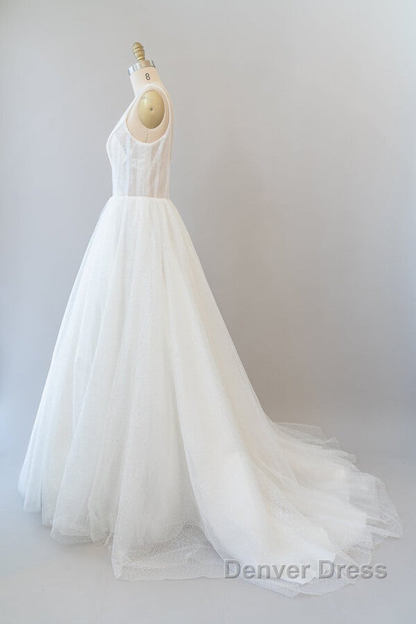 Long A Line Open Back Sequins Tulle Backless Wedding Dresses