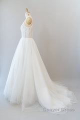 Long A-line Open Back Sequins Tulle Backless Wedding Dresses