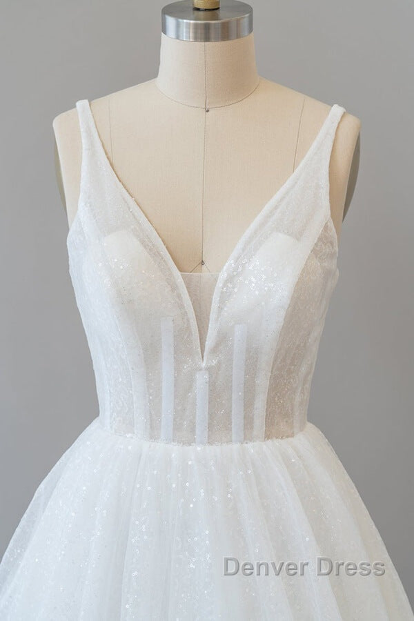 Long A Line Open Back Sequins Tulle Backless Wedding Dresses