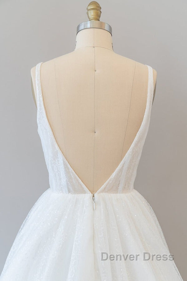 Long A-line Open Back Sequins Tulle Backless Wedding Dresses