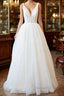 Long A-line Open Back Sequins Tulle Backless Wedding Dresses